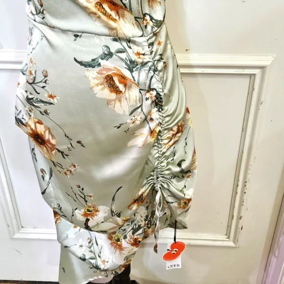 Cider Green Satin Multicolor Floral  Asymmetrical Midi Slip Dress,Medium,NWT - Picture 6 of 16